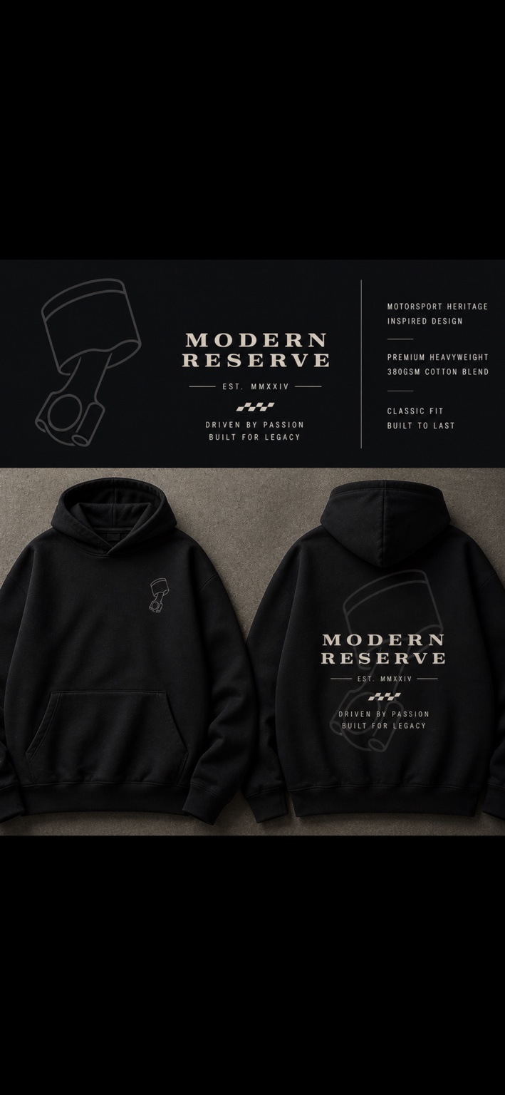Modern Reserve black heavyweight hoodie concept with piston artwork